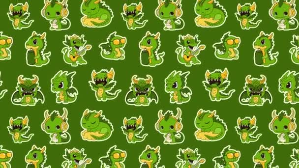 Sevimli Emoji Çizgi Filmi Karakterleri Yeşil Ejderha Dinozor Gülen Çıkartma — Stok video