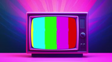 Pembe renkli, neon ışıklı eski bir televizyon. Retro renkli animasyon. Video yassı çizgi film animasyon tasarımı ögesi 4k