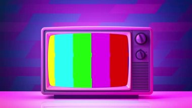 Pembe renkli, neon ışıklı eski bir televizyon. Retro renkli animasyon. Video yassı çizgi film animasyon tasarımı ögesi 4k