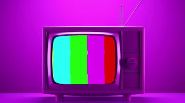 Pembe renkli, neon ışıklı eski bir televizyon. Retro renkli animasyon. Video yassı çizgi film animasyon tasarımı ögesi 4k