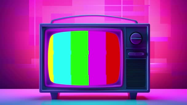 红色蓝色渐变霓虹灯下的老电视机 复古五彩缤纷的动画 视频平面动画设计元素4K — 图库视频影像