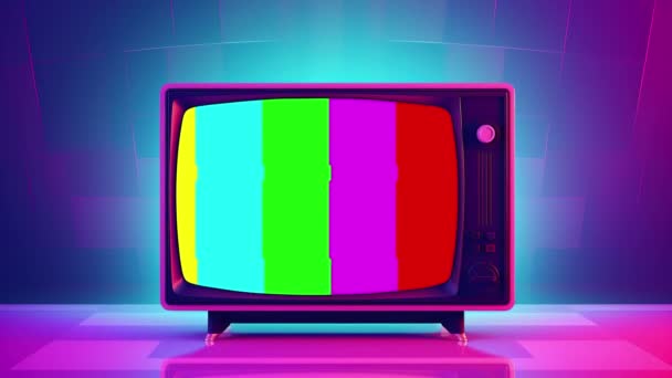 Stará Televize Růžové Neonové Záři Retro Pestrobarevný Animovaný Video Ploché — Stock video