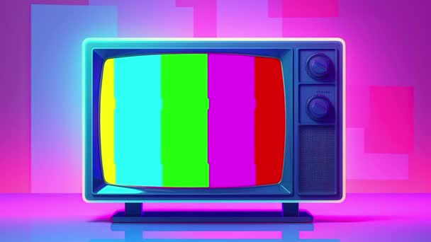 Stará Televize Růžové Neonové Záři Retro Pestrobarevný Animovaný Video Ploché — Stock video