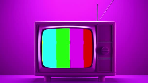 Старий Телевізор Рожево Синьому Градієнтному Неоновому Світлі Ретро Барвисті Анімовані — стокове відео