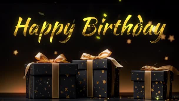Happy Birthaday Greetings Golden Text Black Gold Gift Boxes Black — Stock Video