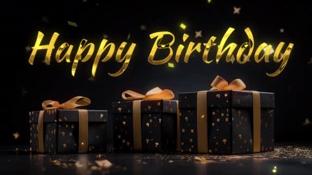 Grattis Födelsedagen Hälsningar Med Gyllene Text Svart Och Guld Presentförpackning — Stockvideo
