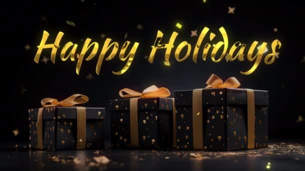 Felices Fiestas Con Texto Dorado Cajas Regalo Negras Doradas Sobre — Vídeos de Stock