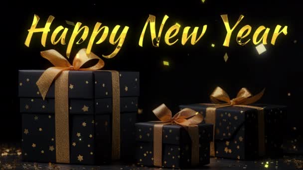 Happy New Years Greetings Golden Text Black Gold Gift Boxes — Stock Video