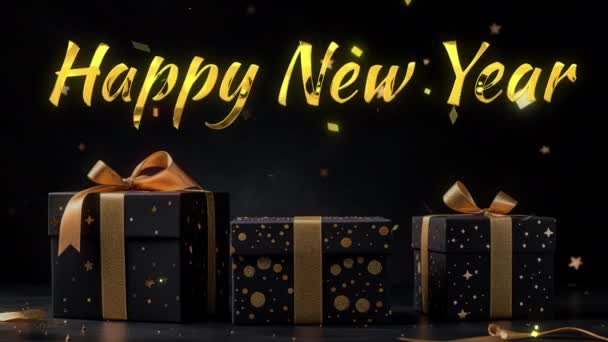 Szczęśliwego Nowego Roku Pozdrowienia Złotym Tekstem Czarno Złote Pudełka Czarnym — Wideo stockowe