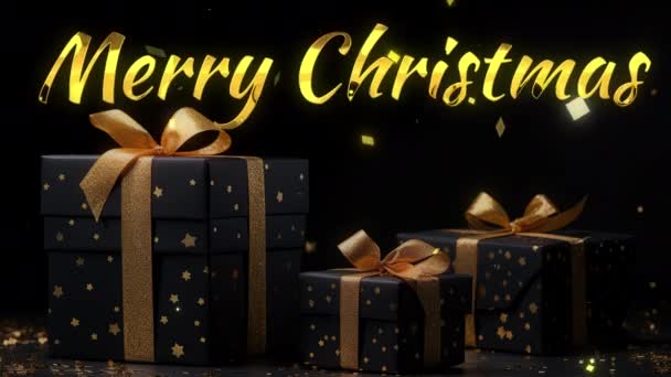 在黑色背景的金色礼品盒和黑色背景的金色礼品盒上 写着圣诞快乐的祝福 — 图库视频影像