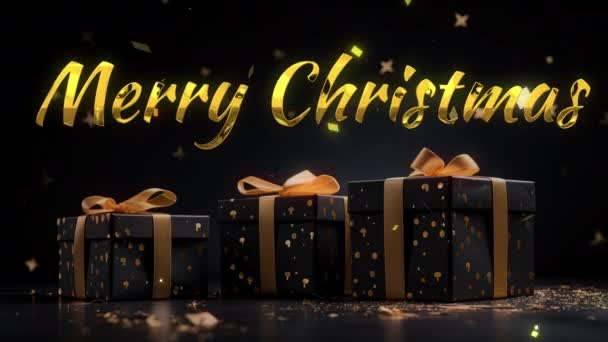 Feliz Natal Saudações Com Texto Dourado Caixas Presente Preto Dourado — Vídeo de Stock