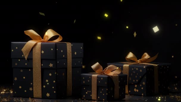 Schwarze Und Goldene Geschenkboxen Auf Schwarzem Hintergrund Mit Highlights Banner — Stockvideo