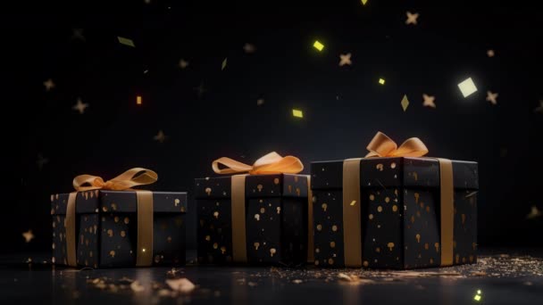 Zwart Goud Geschenkdozen Zwarte Achtergrond Met Highlights Banner — Stockvideo