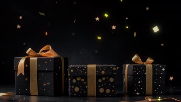 Schwarze Und Goldene Geschenkboxen Auf Schwarzem Hintergrund Mit Highlights Banner — Stockvideo