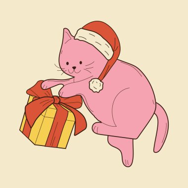 Noel hediyeli şirin bir kedi. Vektör illüstrasyonu.