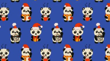 Dekorasyonlu, Noel animasyon döngüsü arka planlı bir panda. Video düz çizgi film animasyon tasarım elementi. 4K video görüntüleri