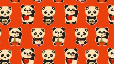 Tatlı pandalar Dim Sum Doodle yiyor. Döngü Arkaplanı. Video düz çizgi film animasyon tasarım elementi. 4K video görüntüleri