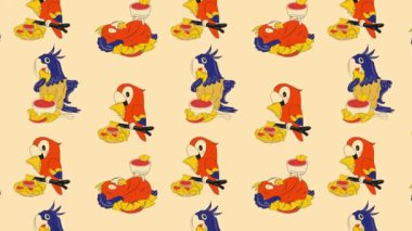 Papağanlar nachos Loop 'un arka planını yer. Video düz çizgi film animasyon tasarım elementi. 4K video görüntüleri