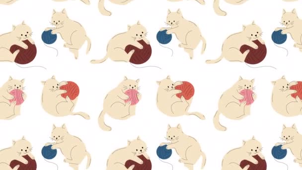 Roztomilé Kočky Pletení Kuličky Příze Smyčka Pozadí Video Ploché Kreslené — Stock video