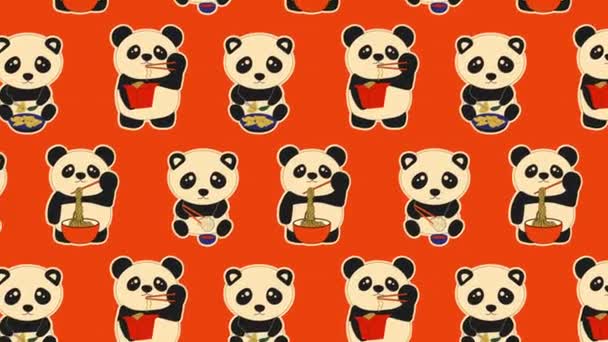 Niedliche Pandas Fressen Dim Sum Doodle Schleifenhintergrund Video Flache Zeichentrickanimation — Stockvideo