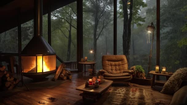 动画的虚拟背景 舒适的阁楼客厅 有壁炉 窗户上有森林景观 — 图库视频影像