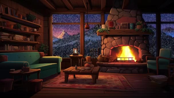 动画的虚拟背景 舒适的阁楼客厅和壁炉 从窗户眺望群山 房间卡通风格 — 图库视频影像