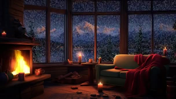 Animowane Tła Wirtualne Przytulny Salon Lofi Kominkiem Widokiem Góry Okna — Wideo stockowe
