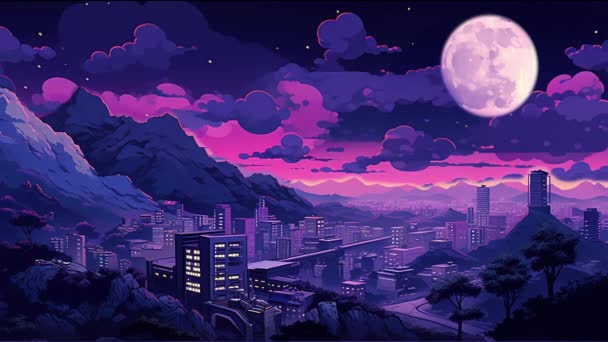 Pętla Animowane Wirtualne Tła Krajobraz Miasto Tło Księżyc Ciemne Niebo — Wideo stockowe