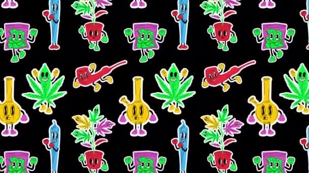 Set Stickers Cartoon Mascotte Personage Medische Cannabis Animatie Loop Achtergrond — Stockvideo
