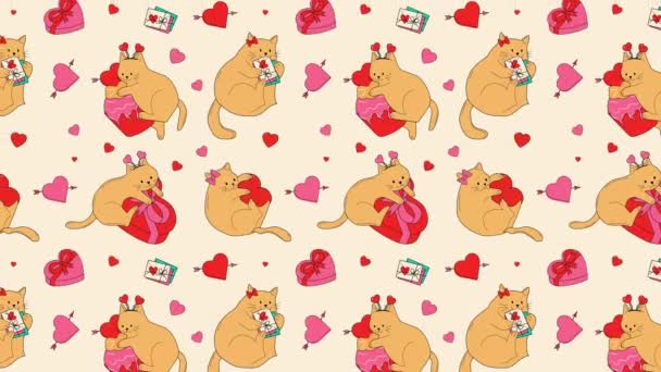 Симпатичные Кошки Валентинками Украшают Анимацию Loop Background Видеоплоский Мультипликационный Элемент — стоковое видео