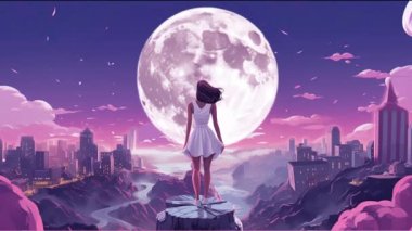 Canlandırılmış sanal. Kız akşam kentinde arka planda duruyor. Arka planda. Karanlık gökyüzü ve ay renkli fraktal nebulasıyla.