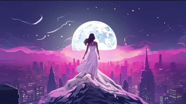 Virtuell Animiert Das Mädchen Steht Der Abendstadt Auf Hintergründen Landschaftshintergrund — Stockvideo