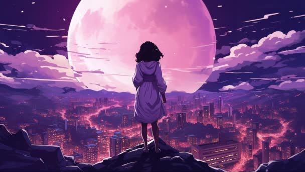 Virtuell Animiert Das Mädchen Steht Der Abendstadt Auf Hintergründen Landschaftshintergrund — Stockvideo