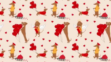 Dachshunds köpekleri kalp çeker, sevgililer günü animasyon döngüsü arka planı. Video düz çizgi film animasyon tasarım elementi. 4K video görüntüleri