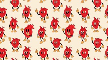 Kırmızı kalpler komik yüzlü şirin maskotlar. Eski animasyon döngüsü arka planı. Video düz çizgi film animasyon tasarım elementi. 4K video görüntüsü