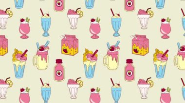 Çilekli milkshake ve dondurma külahlı animasyon döngüsü. Video düz çizgi film animasyon tasarım elementi. 4K video görüntüleri