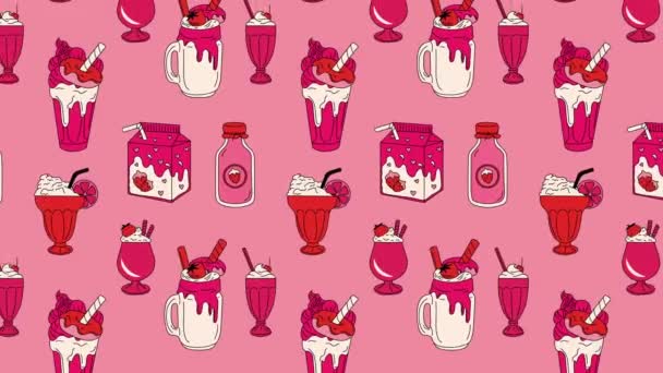 Milkshakes Com Morango Sorvete Cone Animação Loop Fundo Vídeo Plano — Vídeo de Stock