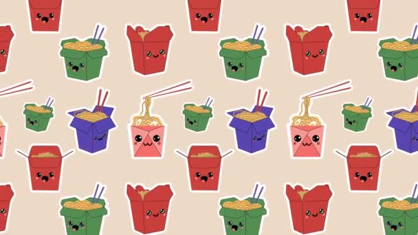 Asian Wok Boxes Ramen Noodles Cartoon Characters Animation Loop Background — Vídeo de Stock