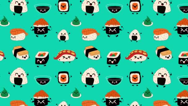 Emoji Sushi Personagens Animação Loop Fundo Vídeo Plano Desenho Animado — Vídeo de Stock