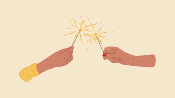 Animation Feier Des Neuen Jahres Hände Halten Wunderkerzen Video Flache — Stockvideo