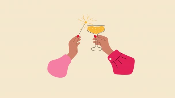 Animatie Viering Van Het Nieuwe Jaar Handen Vasthouden Champagne Sterretjes — Stockvideo
