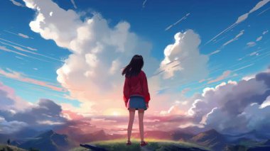 Animasyon Sanal Kız bulutlara bakıyor. Anime tarzı
