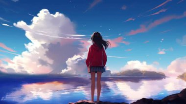 Animasyon Sanal Kız bulutlara bakıyor. Anime tarzı