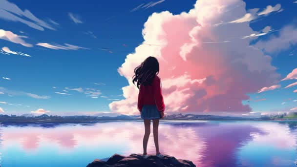 Анимированная Виртуальная Девушка Смотрящая Облака Аниме Стиль — стоковое видео