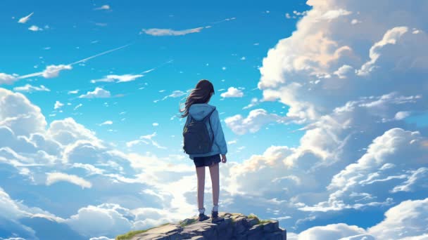 Garota Virtual Animada Olhando Para Nuvens Estilo Anime — Vídeo de Stock