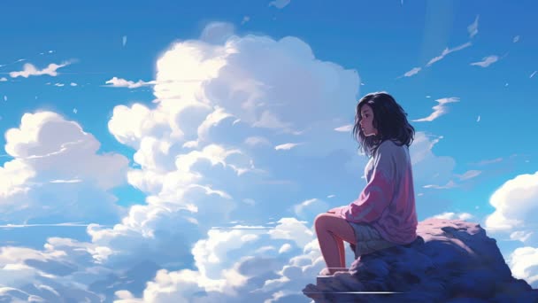 Geanimeerd Virtueel Meisje Dat Naar Wolken Kijkt Animatiestijl — Stockvideo