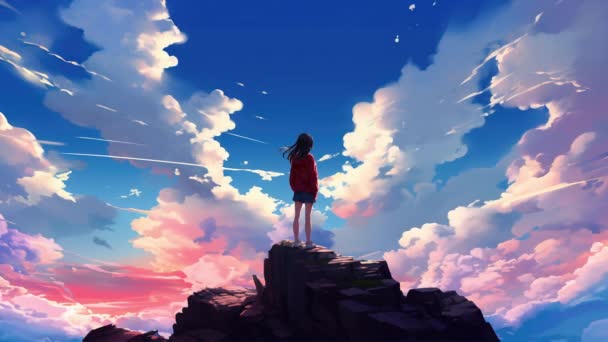 Chica Virtual Animada Mirando Hacia Las Nubes Estilo Anime — Vídeo de stock