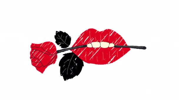 Kvinnlig Sexig Glans Röda Läppar Med Fräsch Ros Blomma Tänderna — Stockvideo