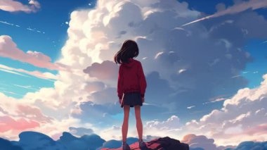 Animasyon Sanal Kız bulutlara bakıyor. Anime tarzı