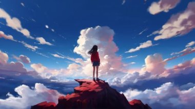 Animasyon Sanal Kız bulutlara bakıyor. Anime tarzı